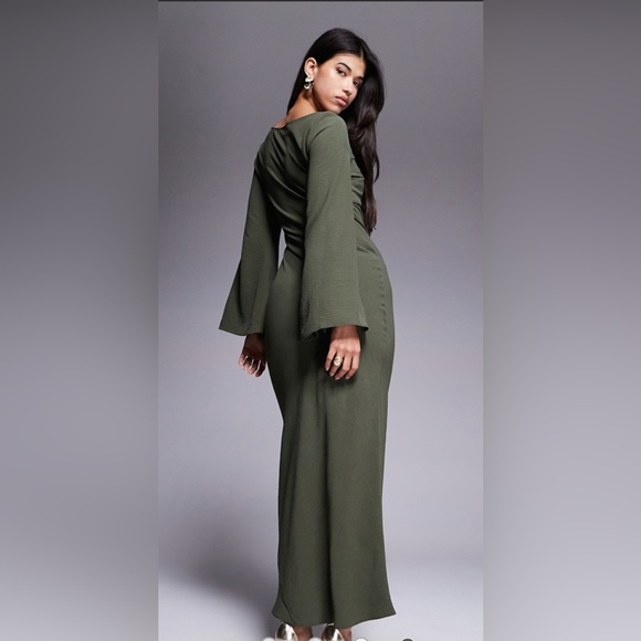 ASOS DESIGN satin cross bust cutout detail midi dress in dark khaki green US 4 - Picture 2 of 3